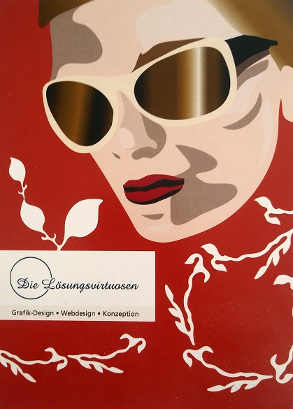 Sie sehen hier eine Postkarte der Lsungsvirtuosen. Auf der Postkarte bzw. dem Flyer wird eine Frau mit Sonnenbrille gezeigt.